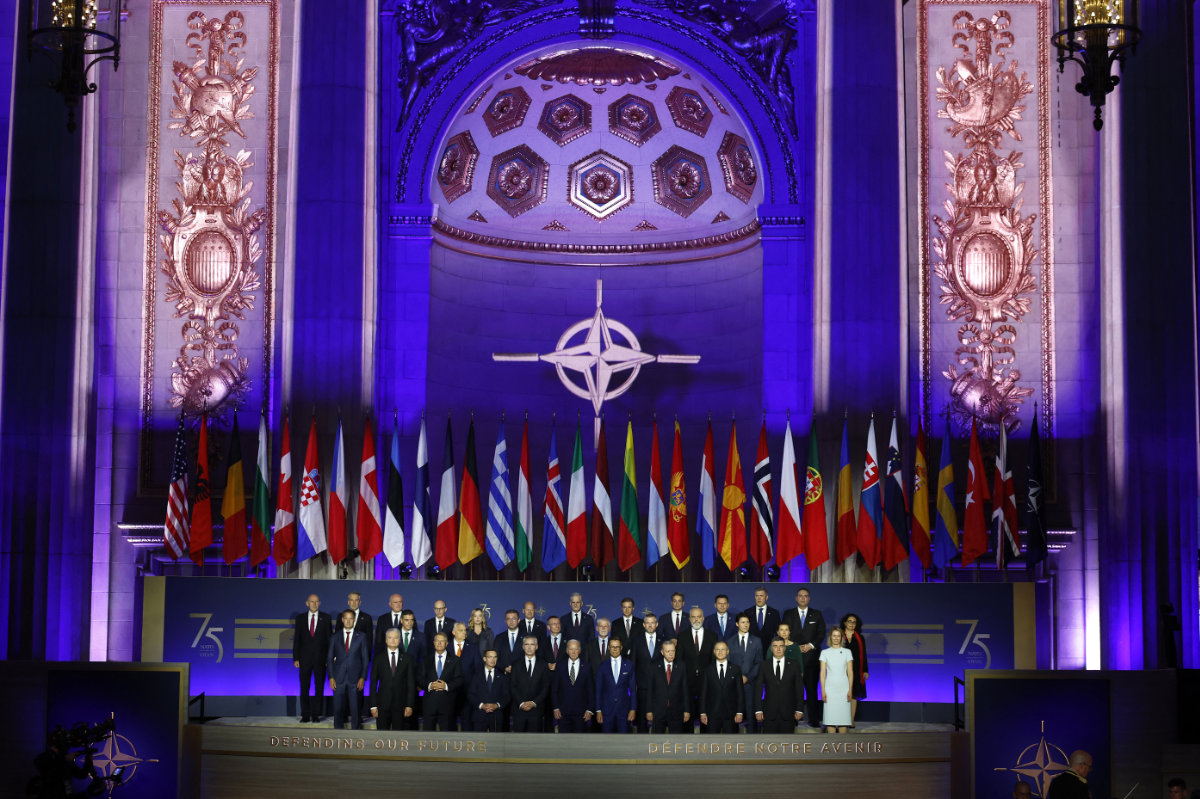 Heads of state pose for a group photo during the NATO 75th anniversary celebratory event at the Andrew Mellon Auditorium on July 9, 2024 in Washington, DC. (Getty Images via AFP)