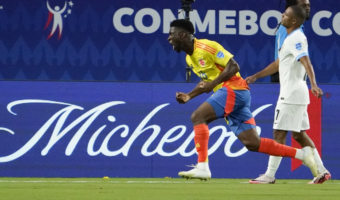 Colombia’s midfielder #16 Jefferson Lerma celebrates scoring his team’s first goal during the Conmebol 2024 Copa America tournament semi-final against Uruguay at Bank of America Stadium on July 10, 2024. (AFP)