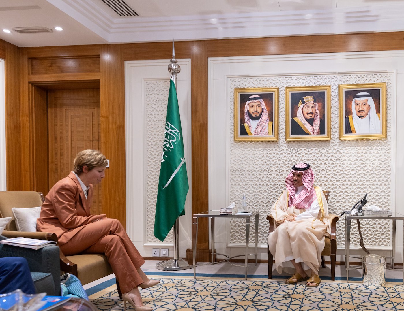 Saudi Foreign Minister Prince Faisal bin Farhan receives the advisor to the French president for the MENA region Anne-Claire Legendre in Riyadh on Thursday. (SPA)