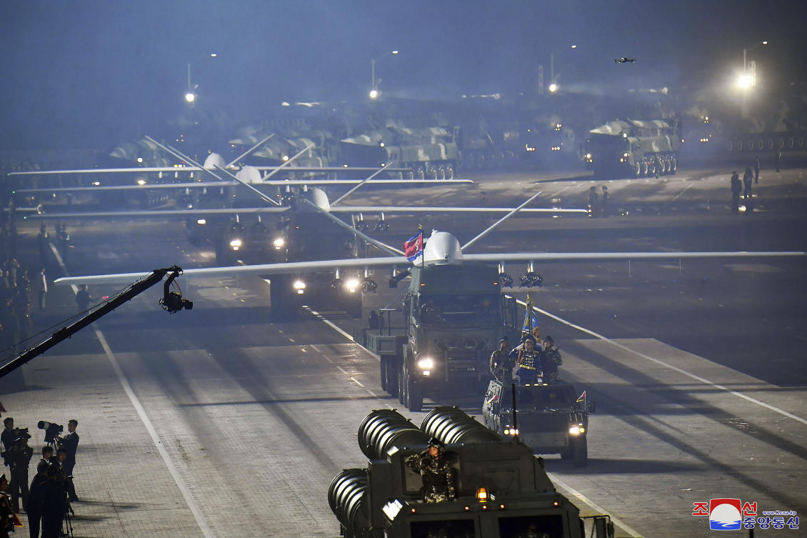 Above, attack drones on display during a military parade to mark the 70th anniversary of the armistice that halted fighting in the 1950-53 Korean War, on Kim Il Sung Square in Pyongyang, North Korea on July 27, 2023. (KCNA/KNS via AP)
