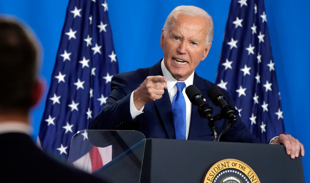 US President Joe Biden talks about children dying from gun violence as he speaks at a news conference on July 11, 2024, on the final day of the NATO summit in Washington. (AP)
