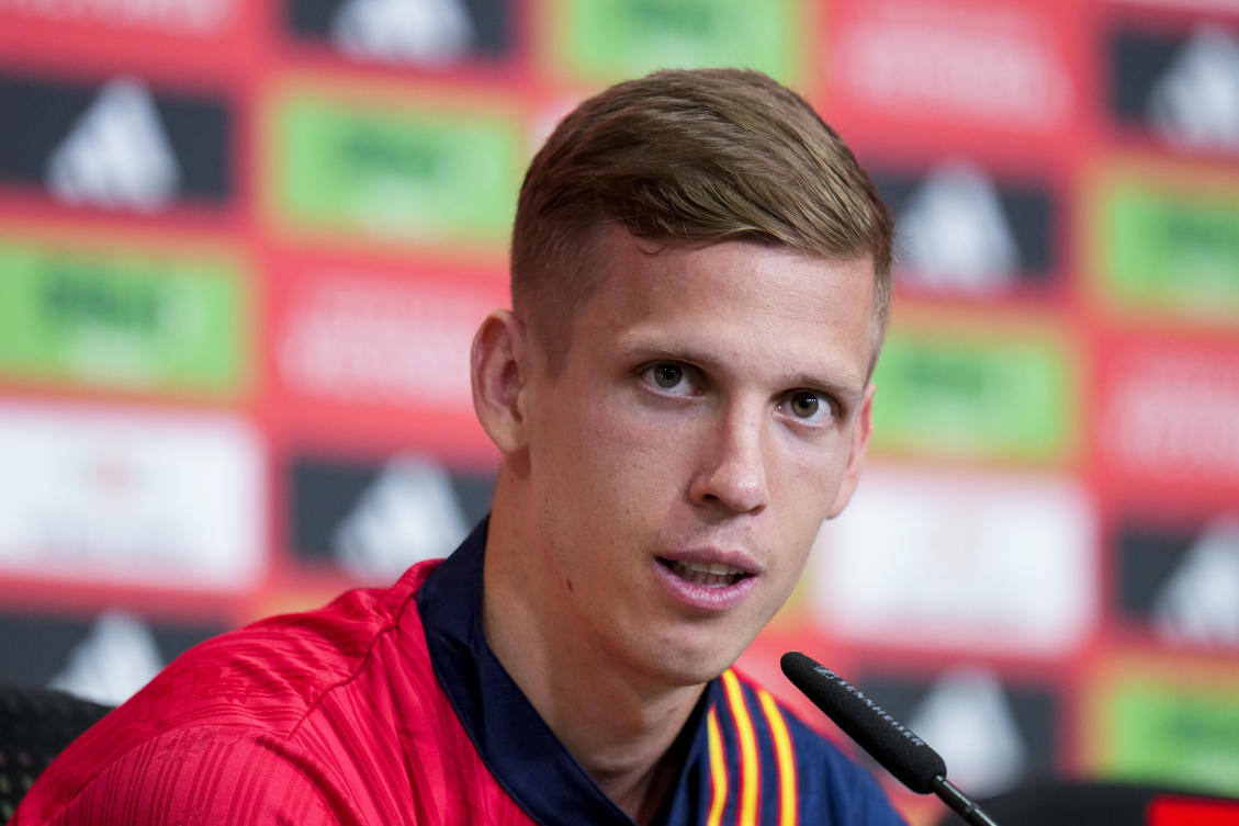 Spain’s Dani Olmo attends a press conference ahead of Sunday’s Euro 2024 final match against England in Donaueschingen, Germany, on Jul. 12, 2024. (AP)