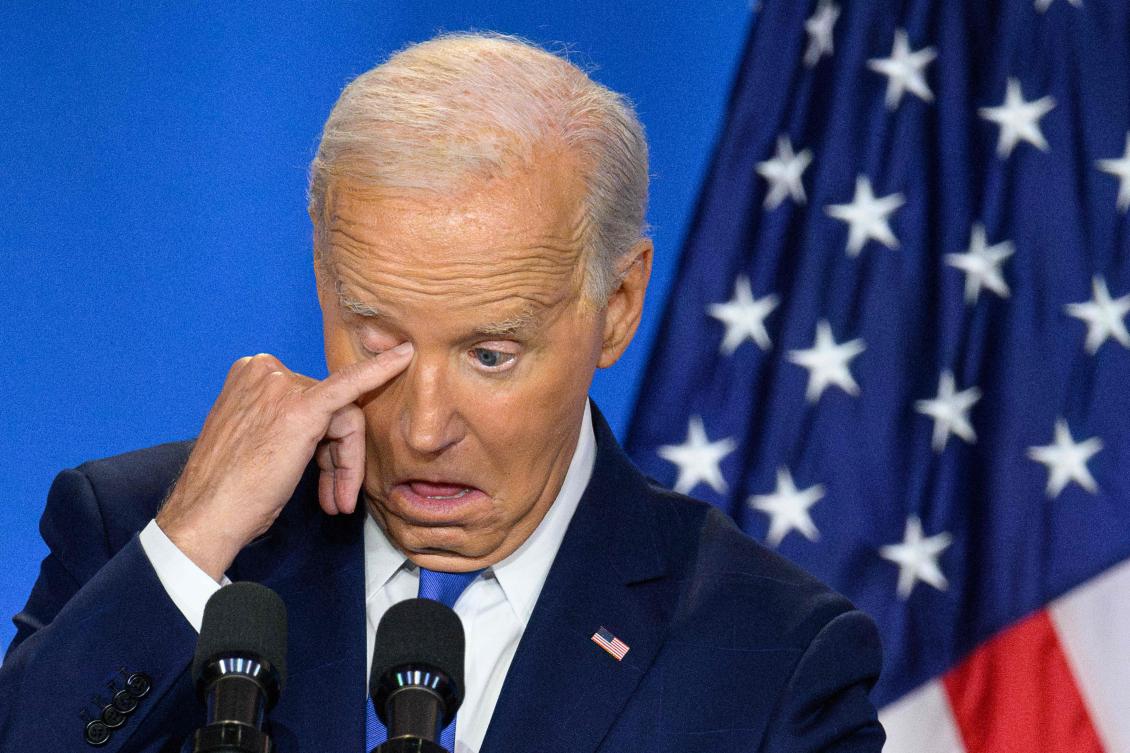 US President Joe Biden wipes his eye as he speaks during a press conference at the close of the 75th NATO Summit at the Walter E. Washington Convention Center in Washington, DC on July 11, 2024. (AFP)