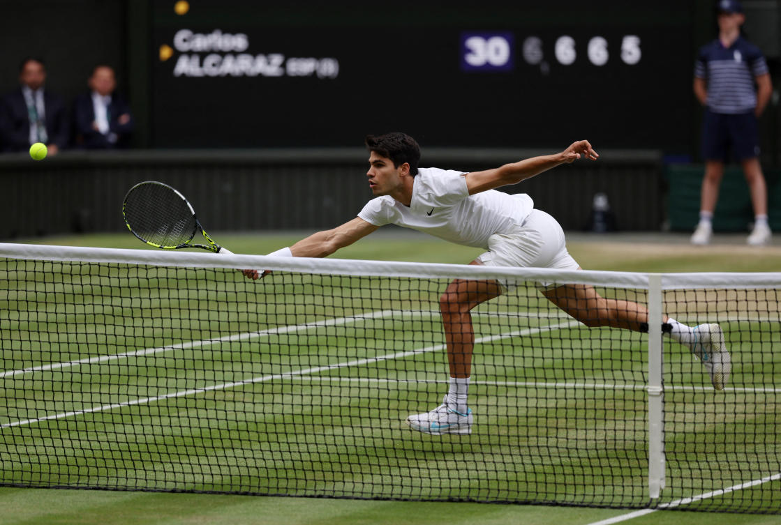 Spain’s Carlos Alcaraz in action during his semi final match against Russia’s Daniil Medvedev during the Wimbledon — All England Lawn Tennis and Croquet Club, London, on Jul. 12, 2024. (Reuters)