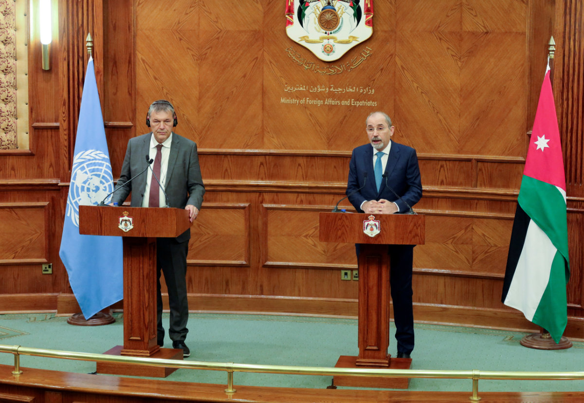 UNRWA Commissioner-General Philippe Lazzarini and Jordan's Foreign Minister Ayman Safadi hold a joint press conference in Amman, Jordan, on July 9, 2024. (REUTERS)