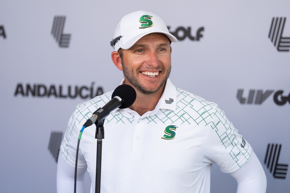 Dean Burmester of Stinger GC smiles during a press conference after the first round of LIV Golf Andalucía at Real Club Valderrama on Friday. (Mateo Villalba/LIV Golf)