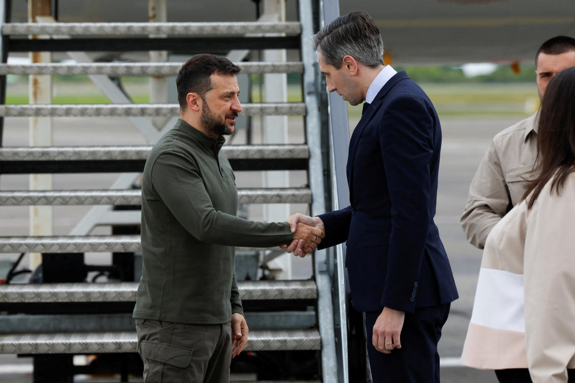 Ireland’s Taoiseach (Prime Minister) Simon Harris greets Ukrainian President Volodymyr Zelensky, at Shannon Airport, in Shannon, Ireland, on Jul. 13, 2024. (Reuters)