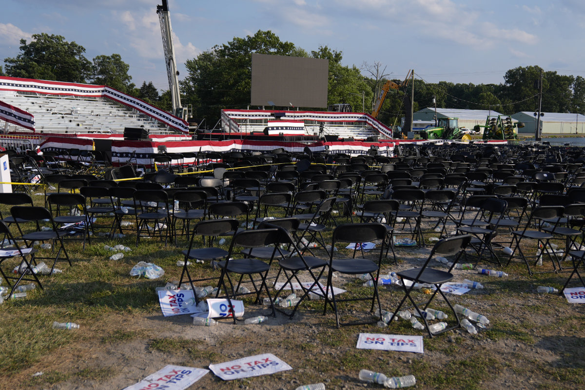 A campaign rally site for Republican presidential candidate former President Donald Trump is empty and littered with debris after guns were fired on July 13, 2024, in Butler, Pennsylvania, (AP)