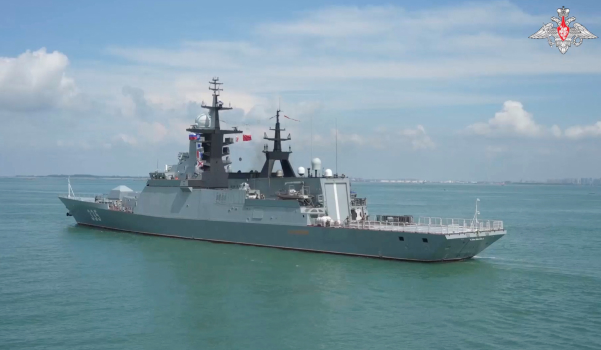 The Russian corvette Gromkiy enters the port of Zhanjiang during the Joint Sea-2024 China-Russia naval exercise, in Zhanjiang, China, in this still image from video released July 13, 2024. (REUTERS)