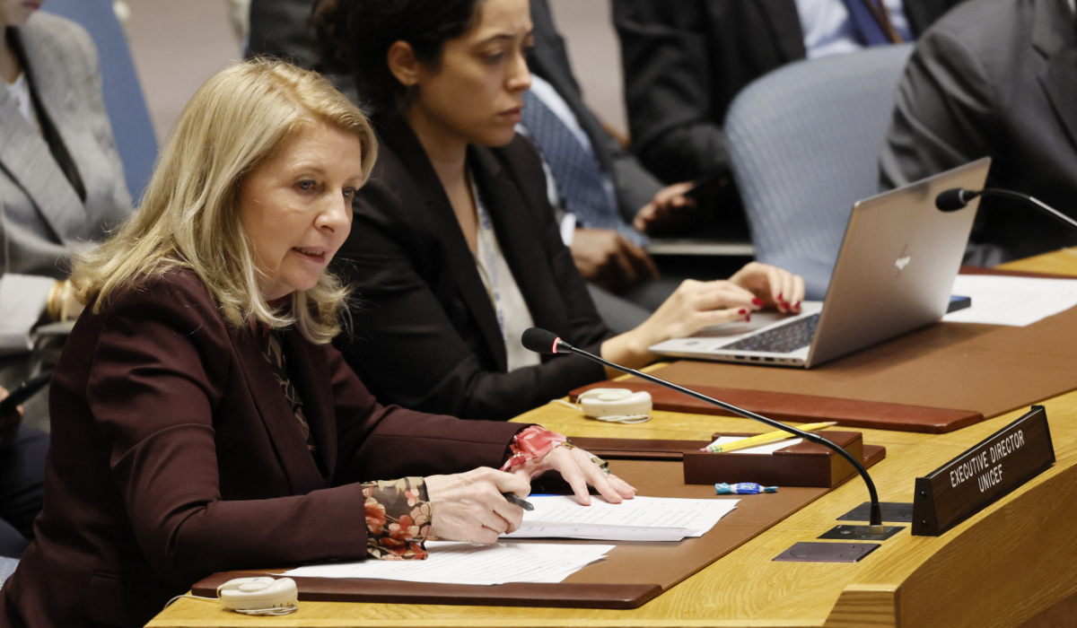 Executive Director of UNICEF Catherine Russell speaks during a Security Council meeting on the Israel-Hamas war at United Nations headquarters on October 30, 2023 in New York City. (AFP)