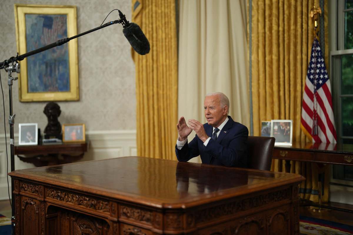 President Joe Biden addresses the nation from the Oval Office of the White House in Washington on July 14, 2024. (POOL/AFP)