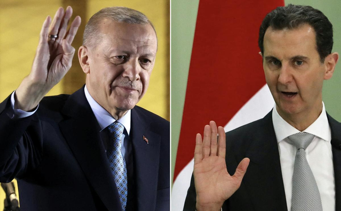 Turkiye’s President Recep Tayyip Erdogan in Ankara on May 29, 2023 and Syria’s President Bashar Assad in Damascus on July 16, 2023. (AFP)