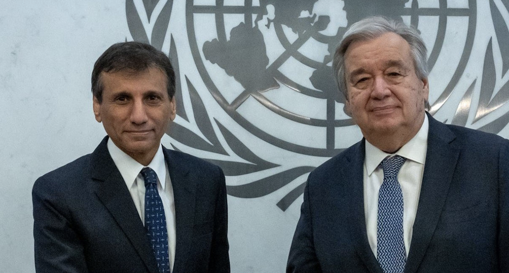 New Head of the UNAMI Mohammed Al-Hassan (left) shaking hands with UN Secretary-General Antonio Guterres, on July 15, 2024. (UNAMI)