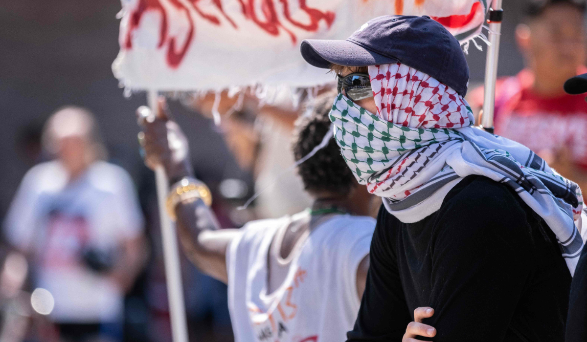 A pro-Palestine protester attends a gathering in Red Arrow park as the Republican National Convention begins on July 15, 2024 in Milwaukee, Wisconsin. (AFP)
