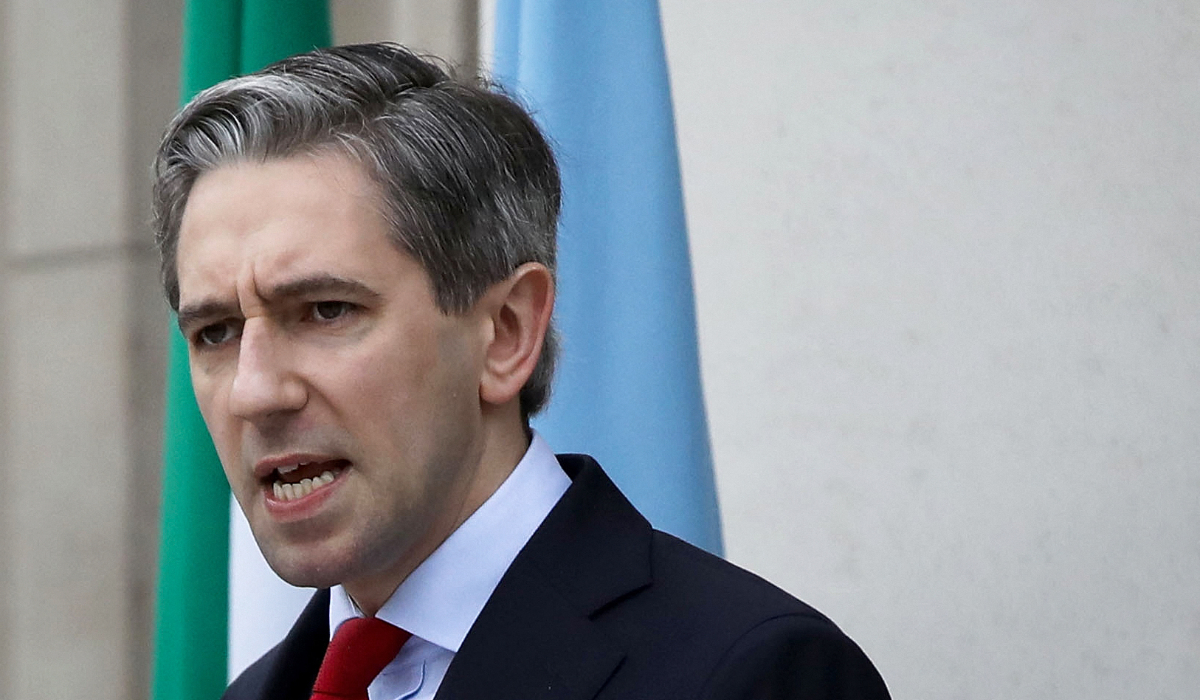 Ireland's Prime Minister Simon Harris, delivers a speech during a press conference, to recognise the state of Palestine at the Government buildings, in Dublin, on May 22, 2024. (AFP)