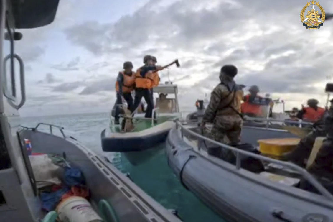 A violent confrontation on June 17, 2024 at the Second Thomas Shoal between Chinese coast guard personnel wielding knives, axes and improvised spears and Philippine navy personnel resulted into injuries. (Armed Forces of the Philippines via AP)
