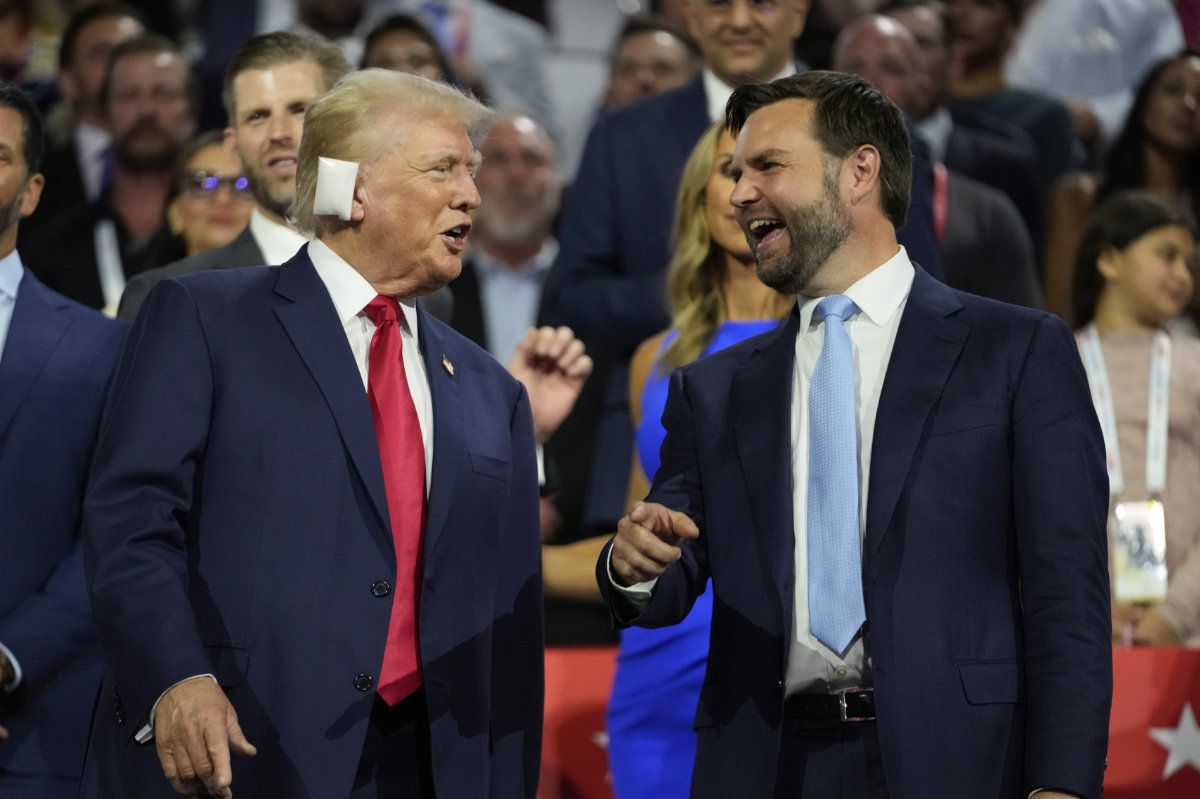 Republican presidential candidate former President Donald Trump appears with vice presidential candidate JD Vance during the Republican National Convention on July 15, 2024, in Milwaukee. (AP)