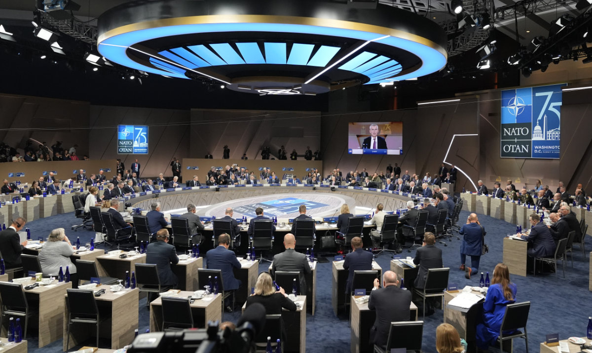 Leaders take their seats for a meeting of the NATO-Ukraine Council during the NATO summit in Washington, July 11, 2024. (AP)
