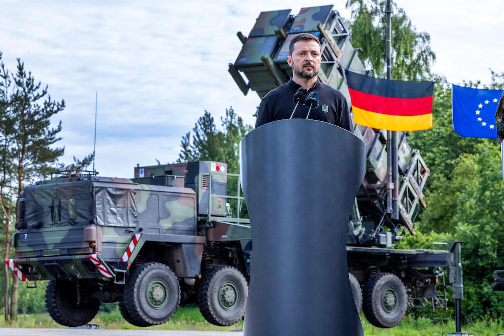 Above, Ukrainian President Volodymyr Zelensky at a military training area in Mecklenburg-Vorpommern of northeastern Germany, on June 11, 2024, where Ukrainian soldiers are trained on the Patriot air defense missile system. (AFP)