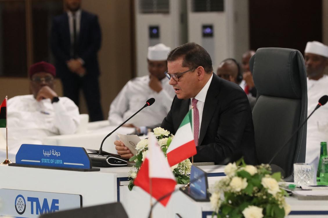 Libya's interim Prime Minister Abdulhamid Dbeibah addresses the Trans-Mediterranean Migration Forum in Tripoli on July 17, 2024. (AFP)