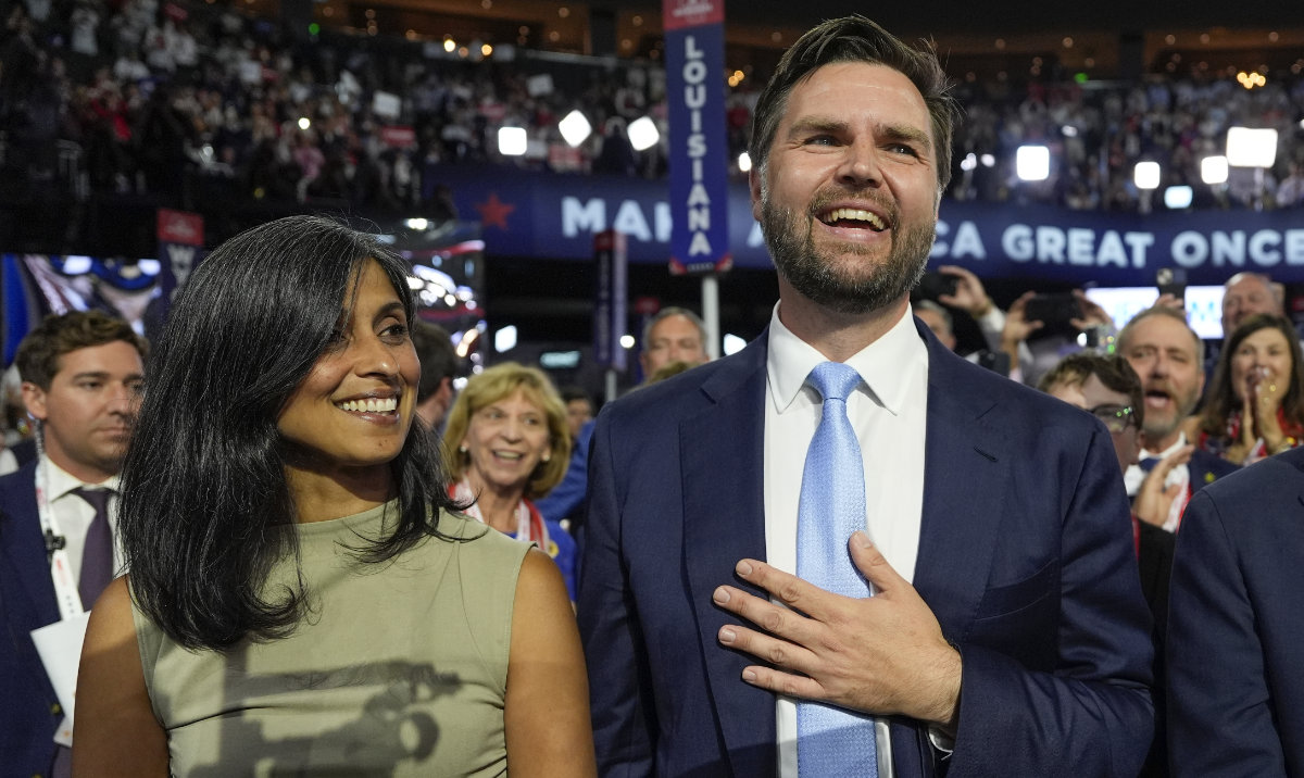 Republican vice presidential candidate Sen. JD Vance, R-Ohio, and his wife Usha Chilukuri Vance arrive on the floor during the first day of the 2024 Republican National Convention at the Fiserv Forum, Monday, July 15, 2024, in Milwaukee. (AP)