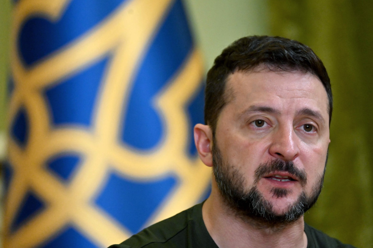 Ukraine's President Volodymyr Zelensky delivers a speech during his press-conference in Kyiv on July 15, 2024, amid Russian invasion in Ukraine. (AFP)