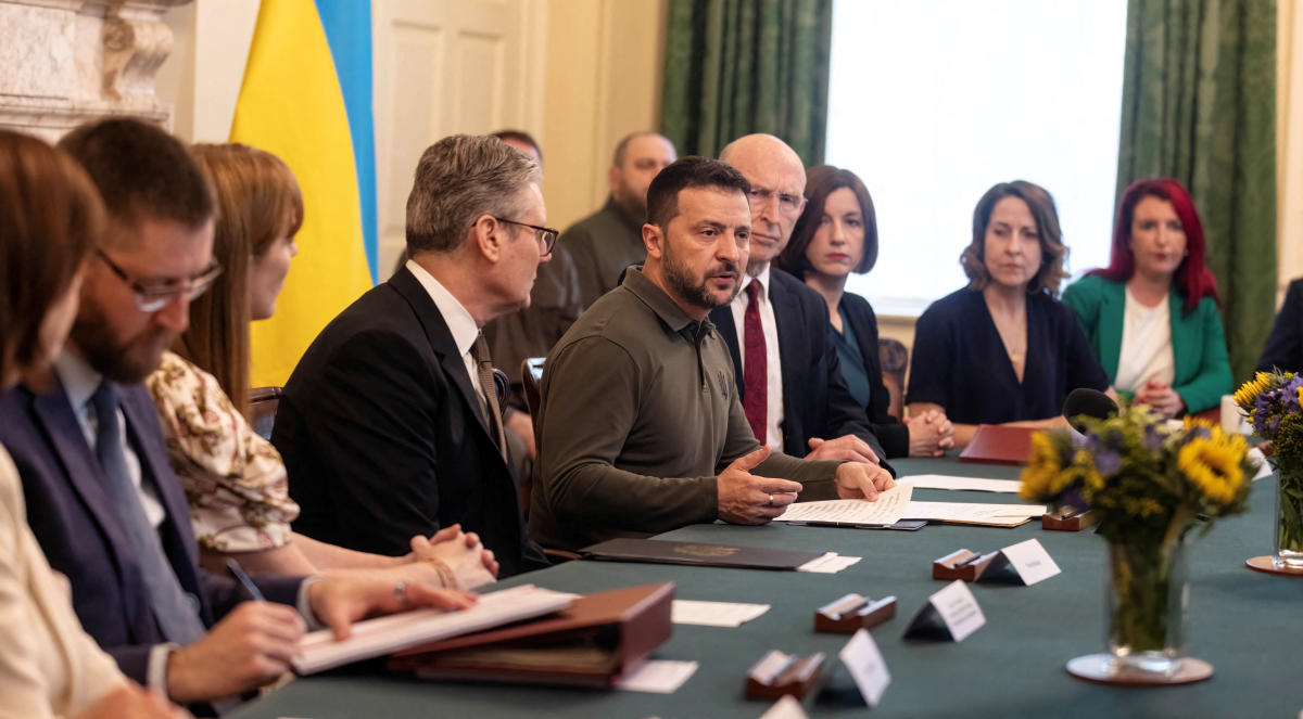 Ukraine's President Volodymyr Zelenskiy addresses the new Labour Cabinet in Downing Street, in London, Britain. (Reuters)
