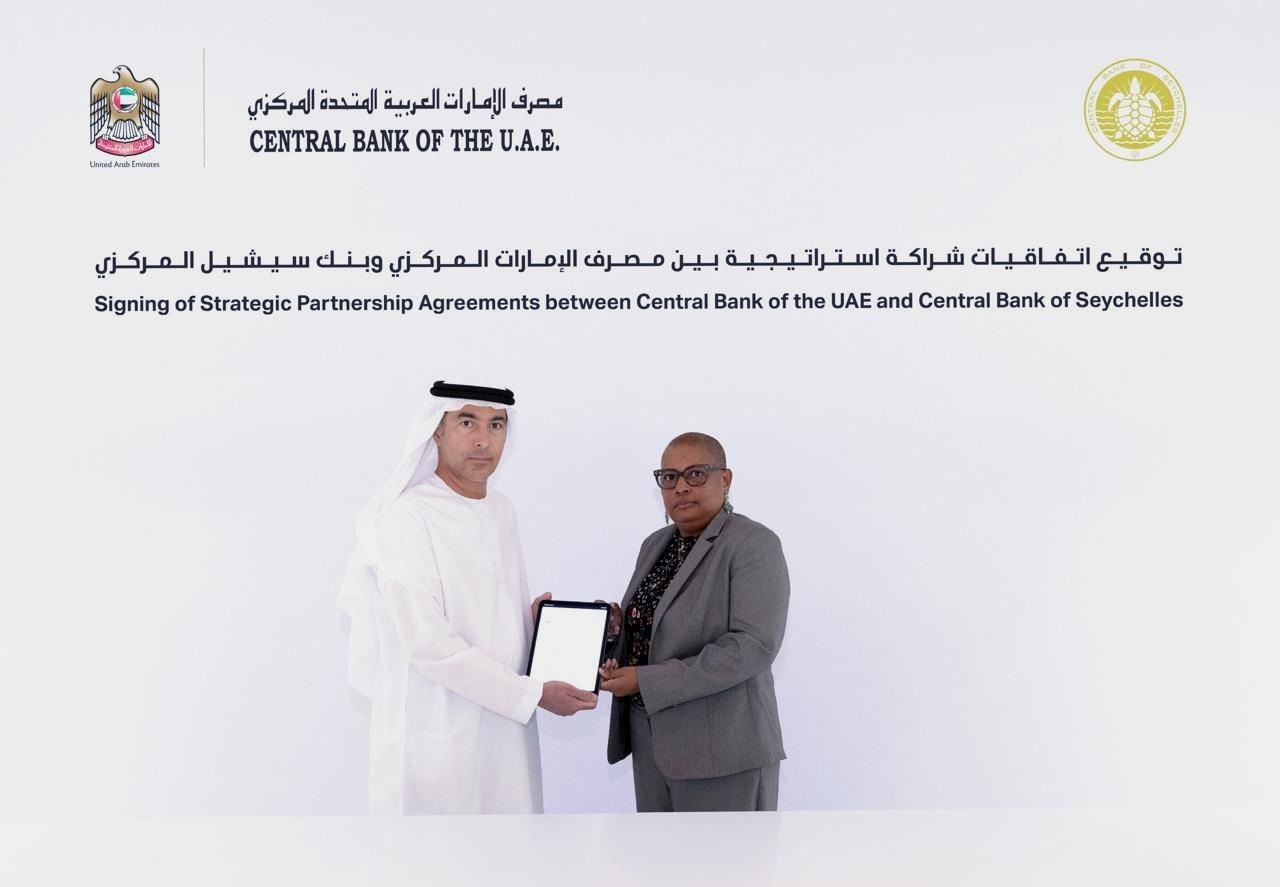 The agreements were inked by CBUAE Gov. Khaled Mohammed Balama and CBS Gov. Caroline Abel in Abu Dhabi. (WAM)