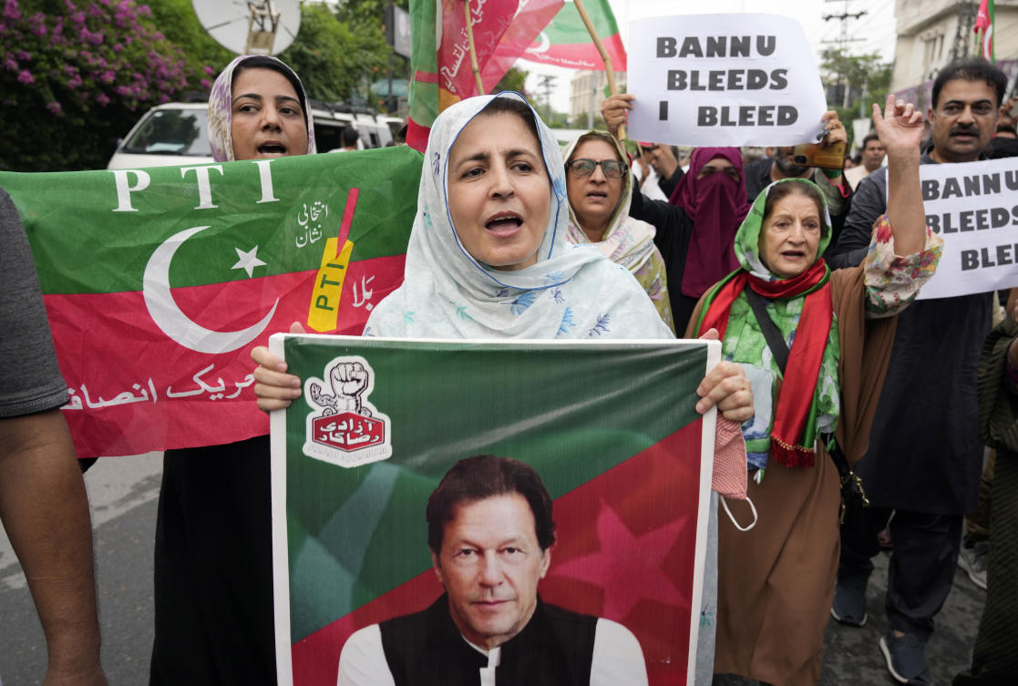 Supporters of imprisoned former Prime Minister Imran Khan's party Pakistan Tehreek-e-Insaf chant slogans and asking for the release of Imran Khan during a protest in Lahore, Pakistan, Sunday, July 21, 2024. (AP)