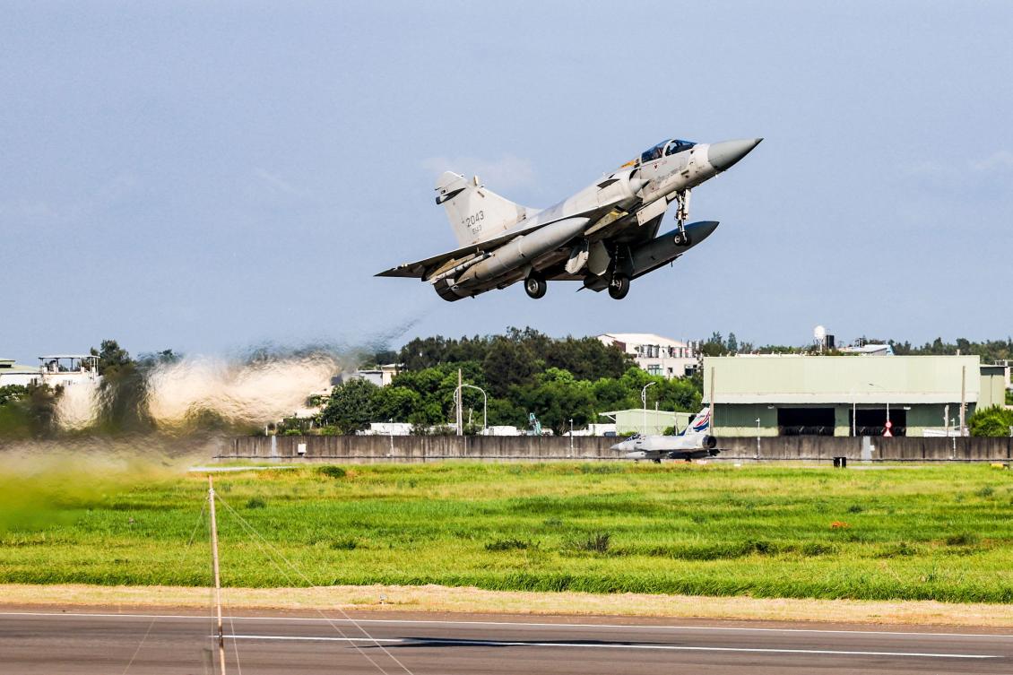 A Taiwanese air force Mirage 2000 aircraft takes off during the annual Han Kuang Exercise at an undisclosed air base on July 22, 2024. (Taiwan Military News Agency/AFP)