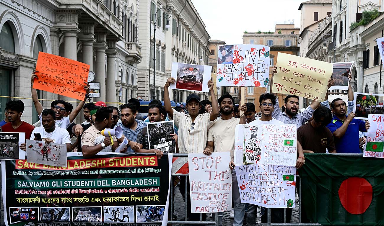 Students from Bangladesh take part to a demonstration to ask the Bangladesh government to end the crackdown on protesters opposing a controversial job allocation quota system, central Rome on July 22, 2024. (AFP)