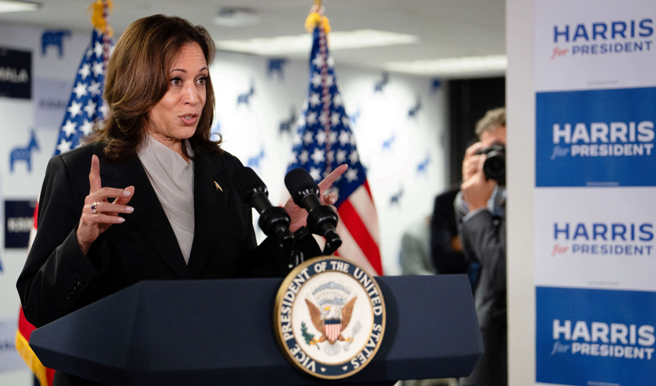 US Vice President and Democratic presidential candidate Kamala Harris speaks at her campaign headquarters in Wilmington, Delaware, on July 22, 2024. (AFP)