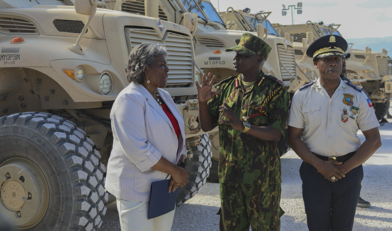 US Ambassador to the UN Linda Thomas-Greenfield, left, chats with Godfrey Otunga, Kenyan head of a UN-backed multinational police force, alongside Haitian Police Chief Normil Rameau at a welcome demonstration from Kenyan police at their base in Port-au-Prince, Haiti, Monday, July 22, 2024. (AP)