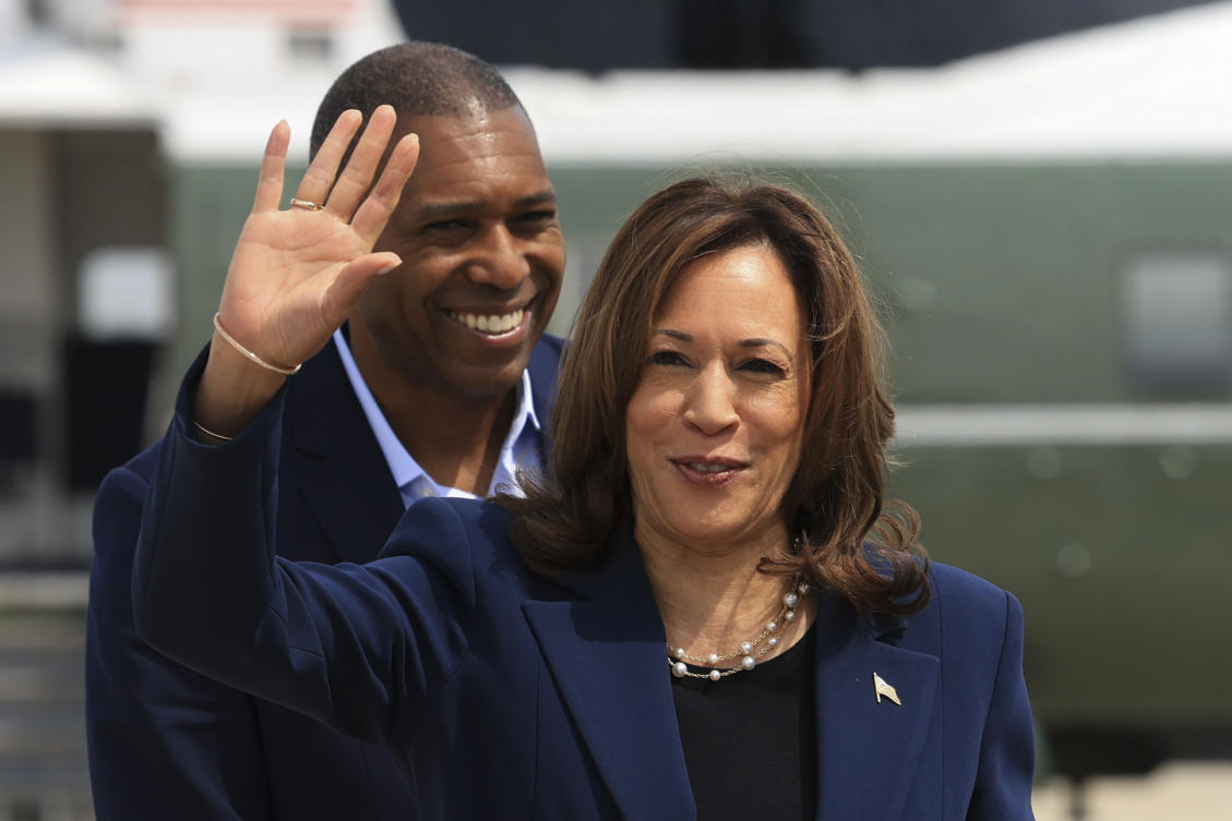 Vice President Kamala Harris waves before boarding Air Force Two as she departs on campaign travel to Milwaukee, Wisc., Tuesday, July 23, 2024 at Andrews Air Force Base, Md. (AP)