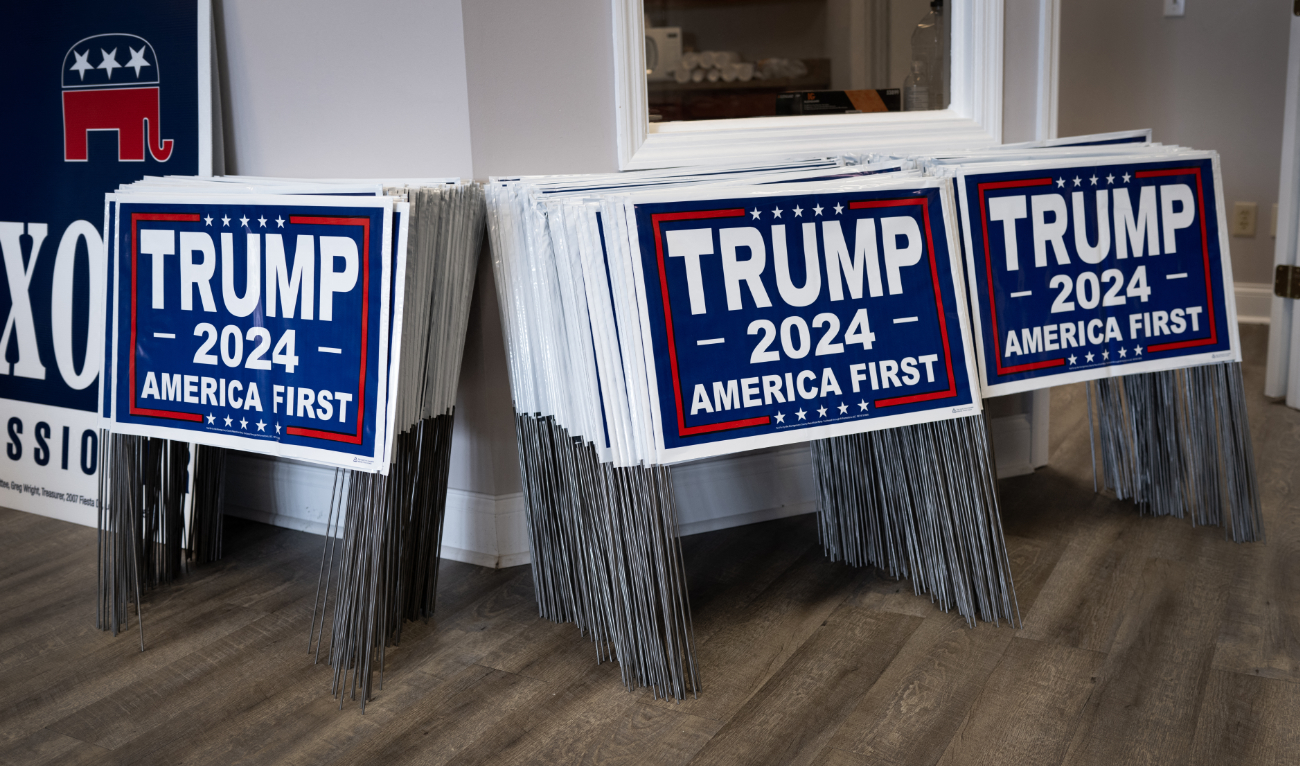 Campaign signs are stacked against the wall in the Butler County Republican Party headquarters on July 23, 2024 in Middletown, Ohio. (AFP)