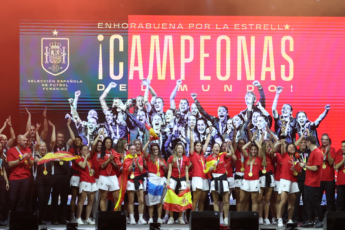 Spain women’s national football team players during their 2023 World Cup victory celebration in Madrid on Aug. 21, 2023. Spain won the Australia and New Zealand 2023 Women's World Cup final after defeating England at Stadium Australia in Sydney on Aug. 20, 2023. (AFP)
