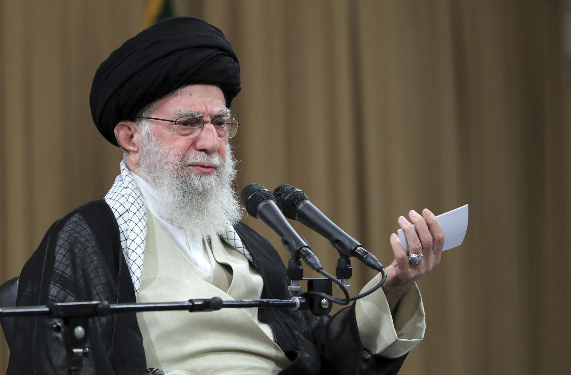 In this photo released by an official website of the office of the Iranian supreme leader, Supreme Leader Ayatollah Ali Khamenei speaks in a meeting with lawmakers in Tehran, Iran, Sunday, July 21, 2024. (AP)