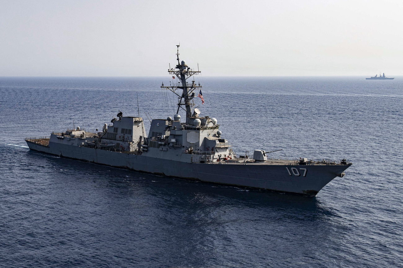 US Navy Arleigh Burke-class guided-missile destroyer USS Gravely (DDG 107) sails in formation with the FS Forbin (D 620) in the Red Sea. (File/AFP)