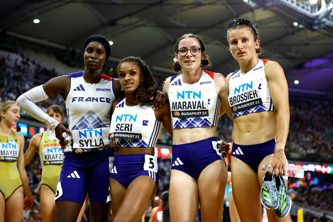 France’s Sounkamba Sylla, Camille Seri, Louise Maraval and Amandine Brossier after heat 1 during the World Athletics Championship — Women’s 4x400m Relay Heats — National Athletics Center, Budapest, on Aug. 26, 2023 (Reuters/File)