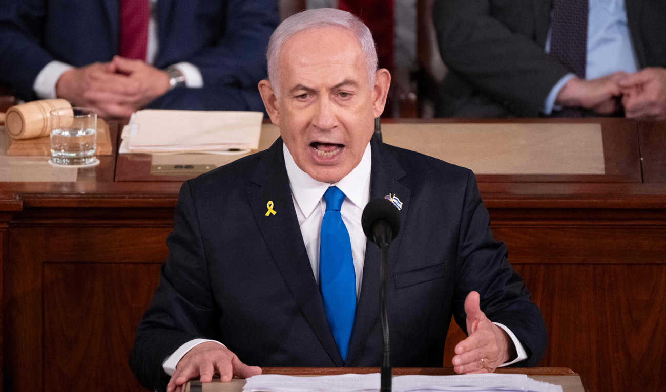 Israeli Prime Minister Benjamin Netanyahu speaks to a joint meeting of Congress at the US Capitol on July 24, 2024, in Washington, DC. (AFP)
