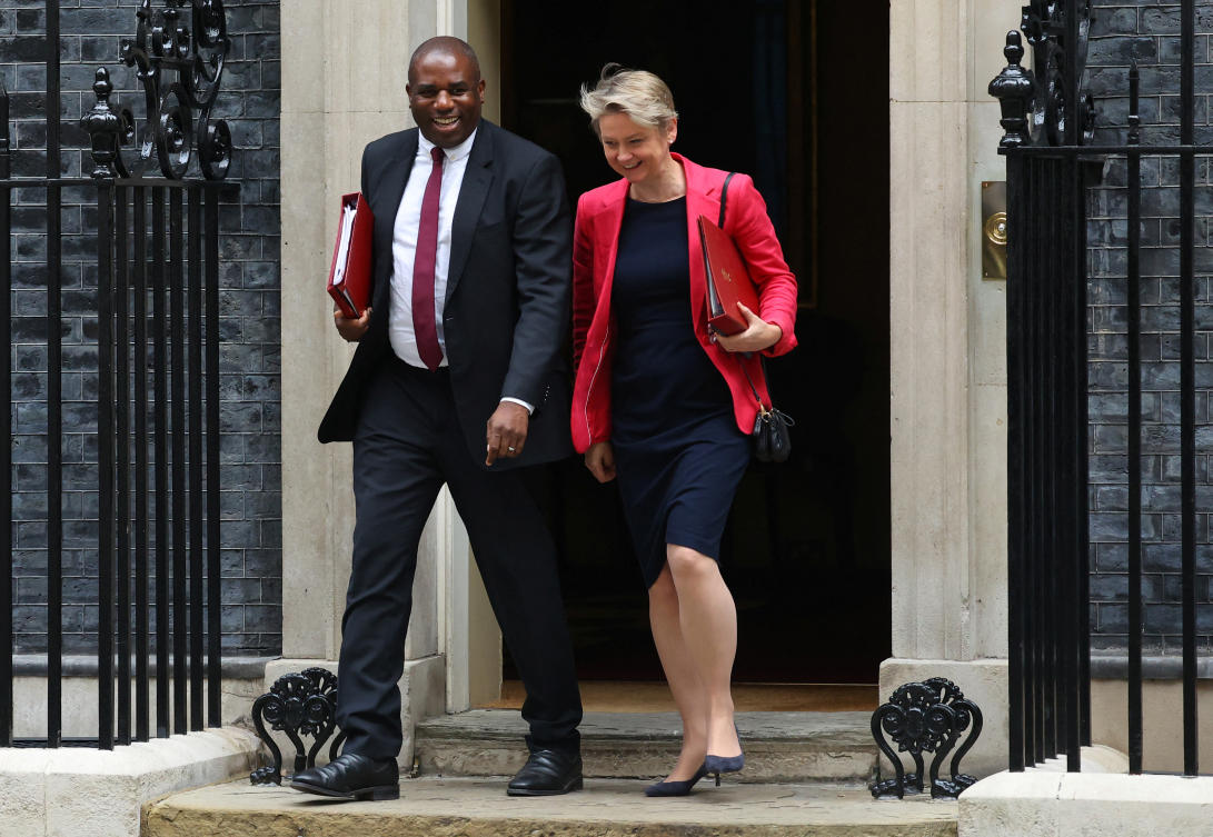 Britain’s Home Secretary Yvette Cooper and Foreign Secretary David Lammy depart following a cabinet meeting at 10 Downing Street in London, Britain, July 23, 2024. (Reuters)