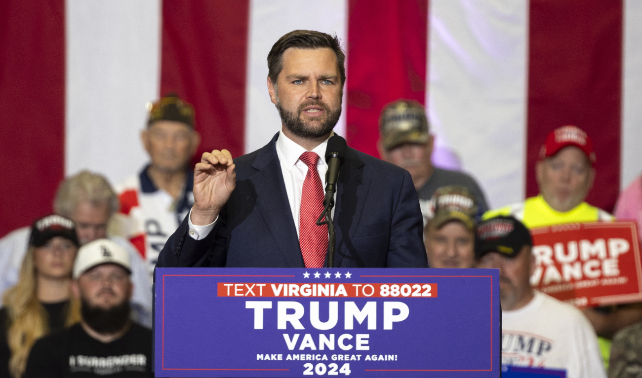 US Senator and Republican Vice Presidential nominee, J.D. Vance addresses a crowd of supporters during a campaign event inside the Dedmon Center at Radford University in Radford, Virginia, on July 22, 2024. (AFP)