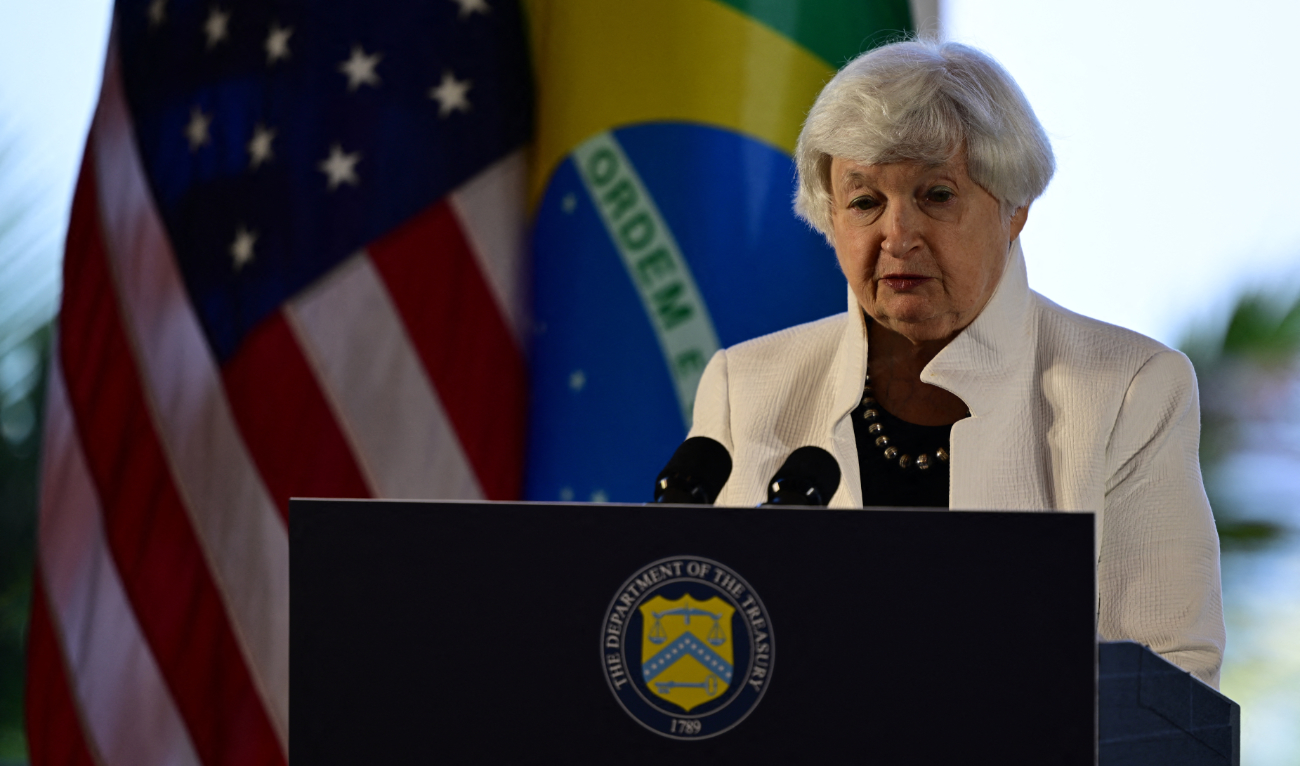 US Treasury Secretary Janet Yellen gestures during a press conference in the framework of the G20 Ministerial Meeting in Rio de Janeiro, Brazil, on July 25, 2024. (AFP)