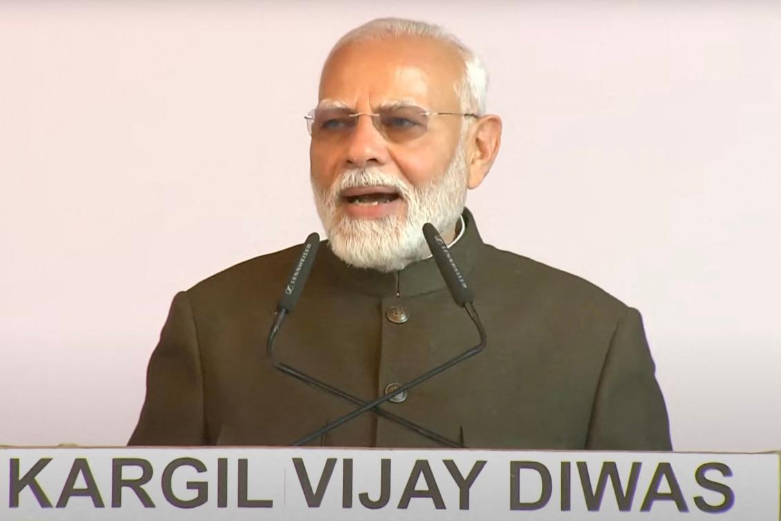 Indian Prime Minister Narendra Modi’s comments come at an event to mark the 25th anniversary of India’s short military conflict with Pakistan in the Himalayan region of Kargil. (Narendra Modi Youtube Channel/AFP)