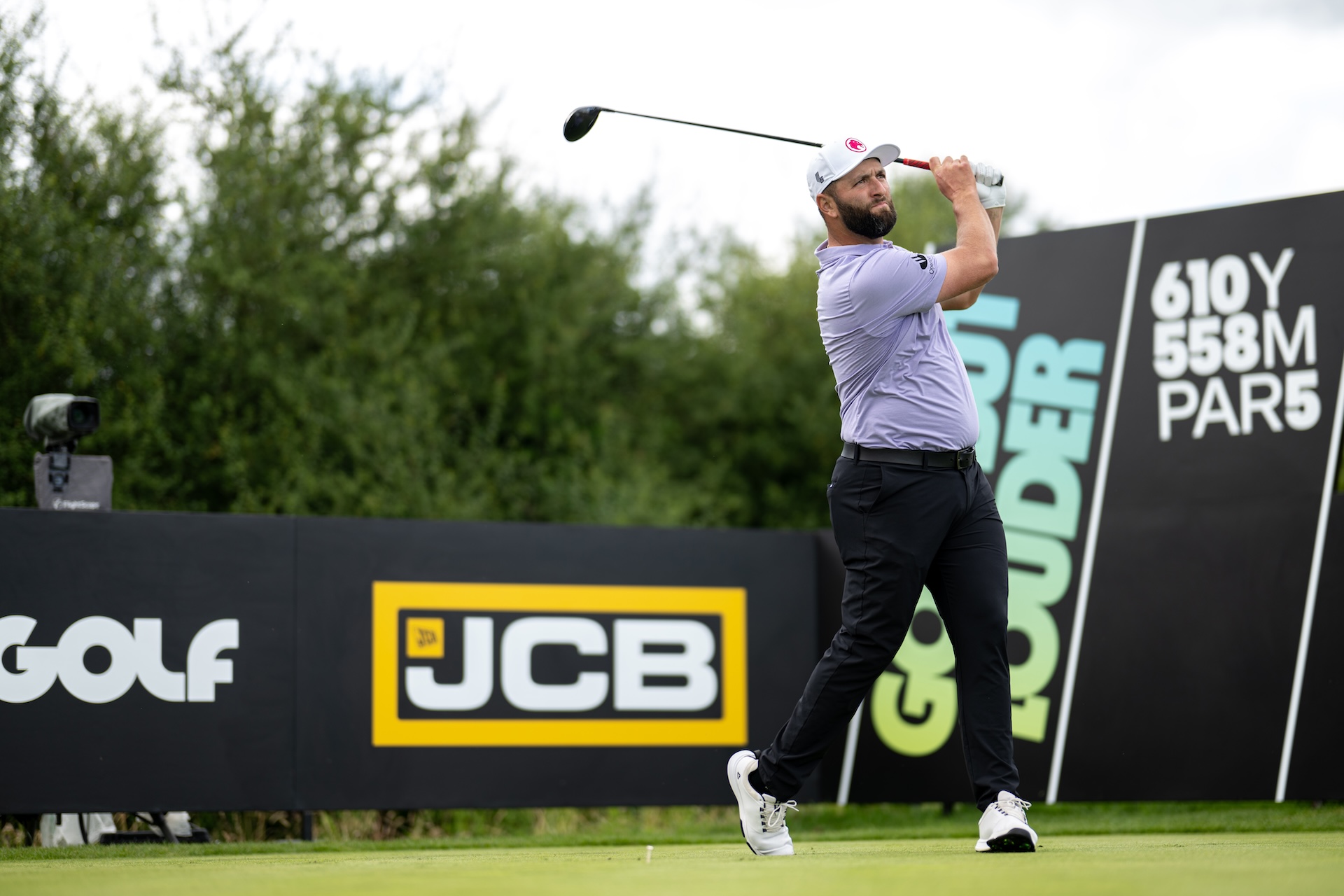 Captain Jon Rahm of Legion XIII hits his shot from the third tee during the first round of LIV Golf United Kingdom by JCB at JCB Golf & Country Club. (Matthew Harris/LIV Golf)