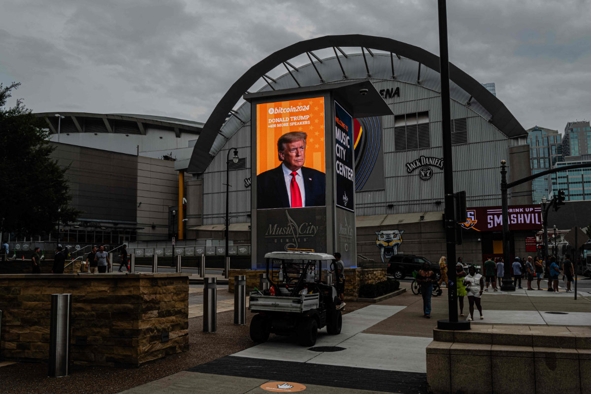 Former President Donald Trump's photograph is seen on a digital display outside of the venue ahead of his afternoon keynote speech on the final day of the Bitcoin 2024 conference at Music City Center July 27, 2024 in Nashville, Tennessee. (Getty Images/AFP)