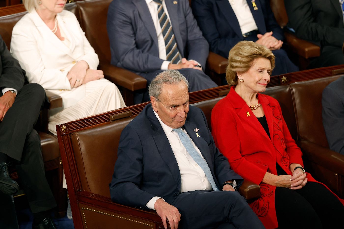 US Sen. Majority Leader Chuck Schumer listens as Netanyahu addresses a joint meeting of Congress at the US Capitol on July 24, 2024 in Washington, DC. (AFP)