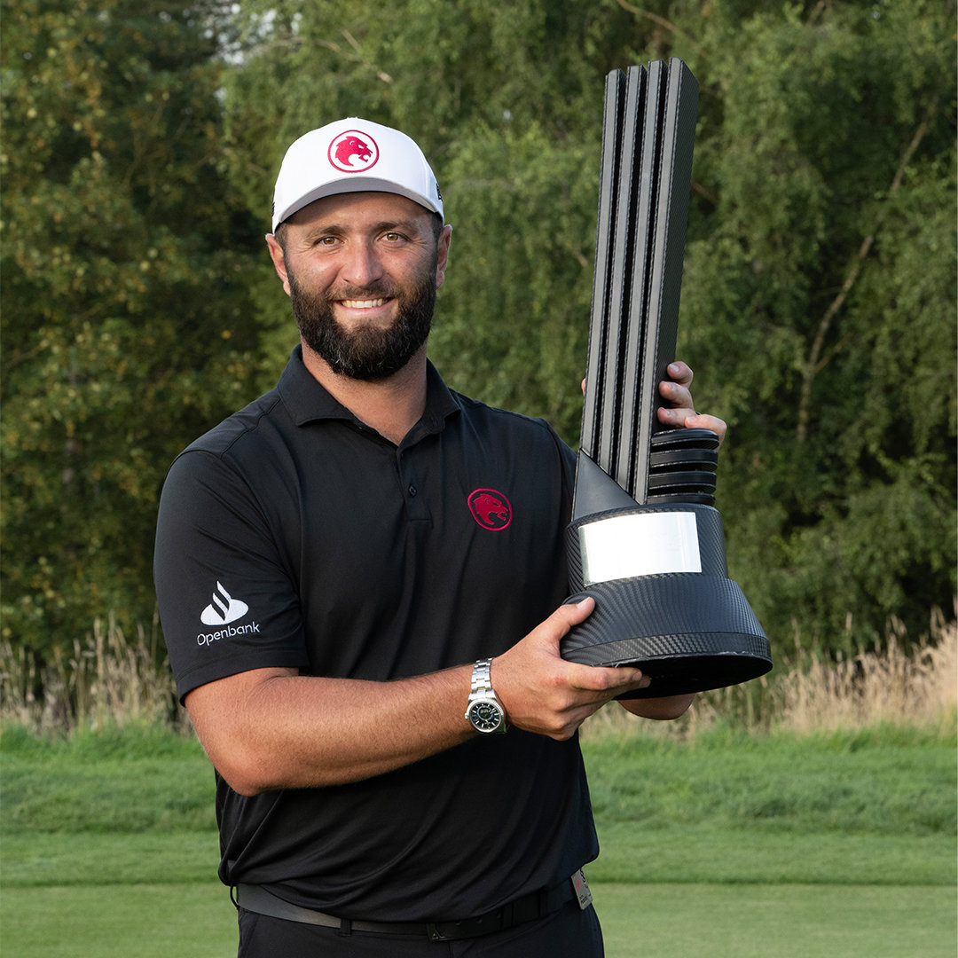 Jon Rahm celebrates with his first-ever LIV Golf trophy after winning the LIV Golf tournament in Rocester, England, on Sunday. (X: @livgolf_league)