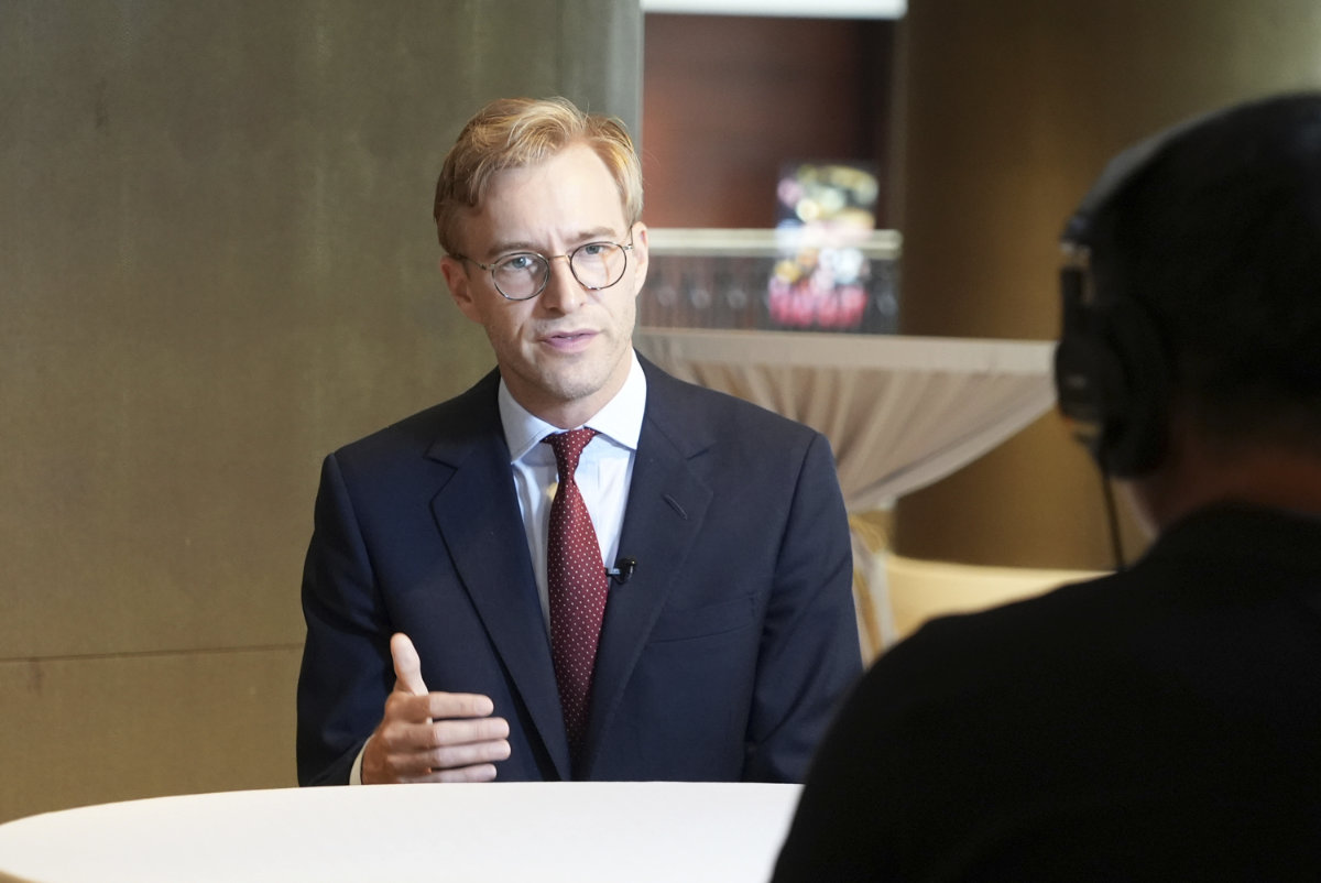 Luke de Pulford, executive director of the Inter-Parliamentary Alliance on China, speaks during an interview with The Associated Press in Taipei, Taiwan, on July 27, 2024. (AP Photo/Chiang Ying-ying)