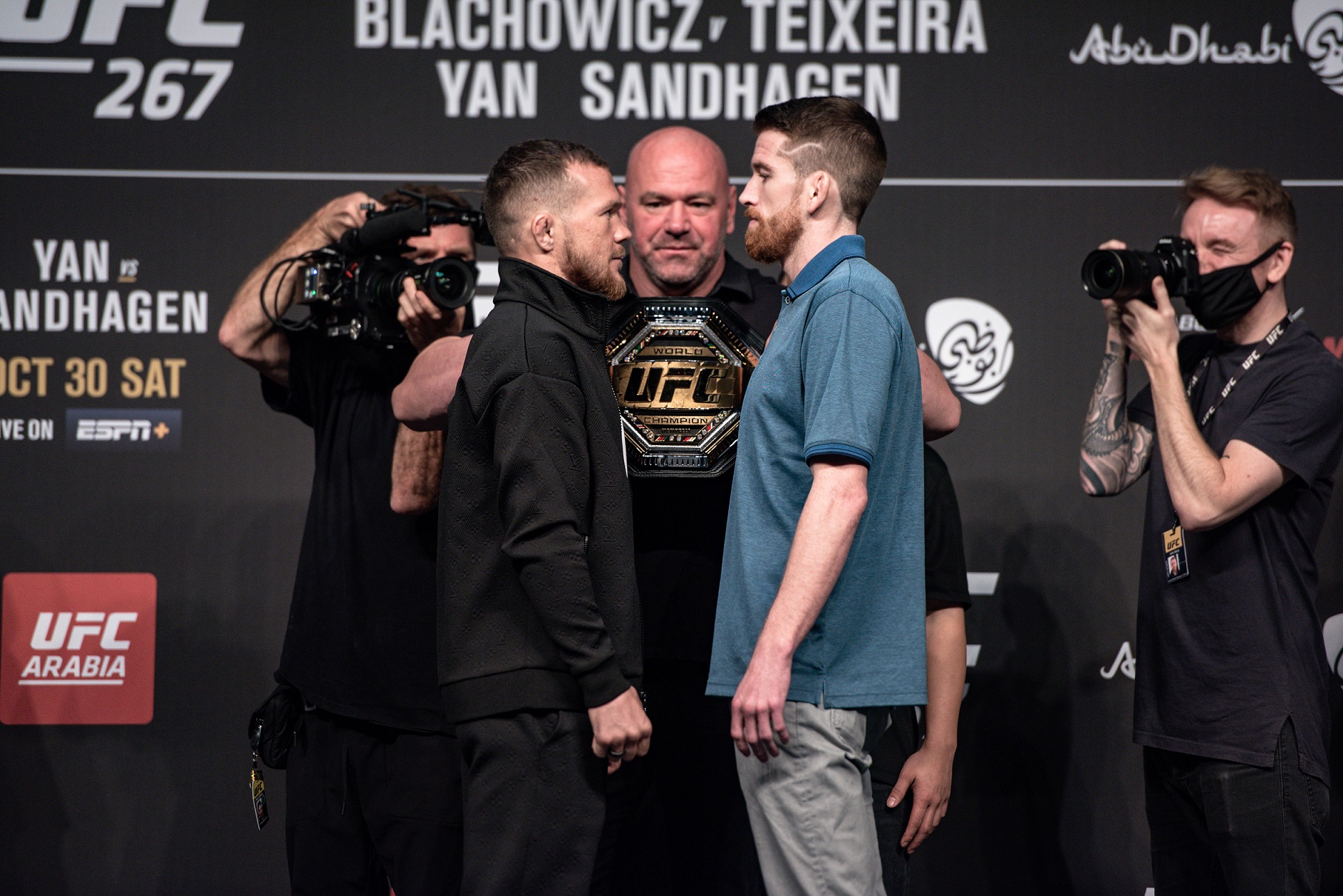 Cory Sandhagen (right) fought Petr Yan at UFC 267 on his last visit to Abu Dhabi in 2021. (UFC)
